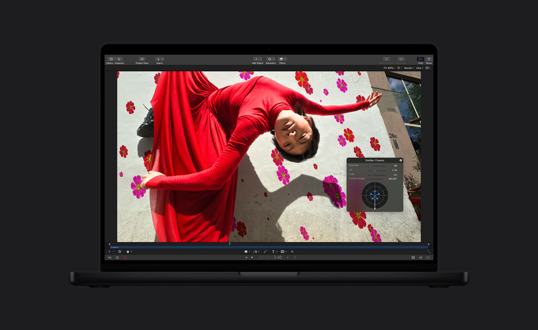 MacBook Pro de 16 polegadas, mulher de vestido vermelho, demonstração de flores sendo adicionadas ao fundo