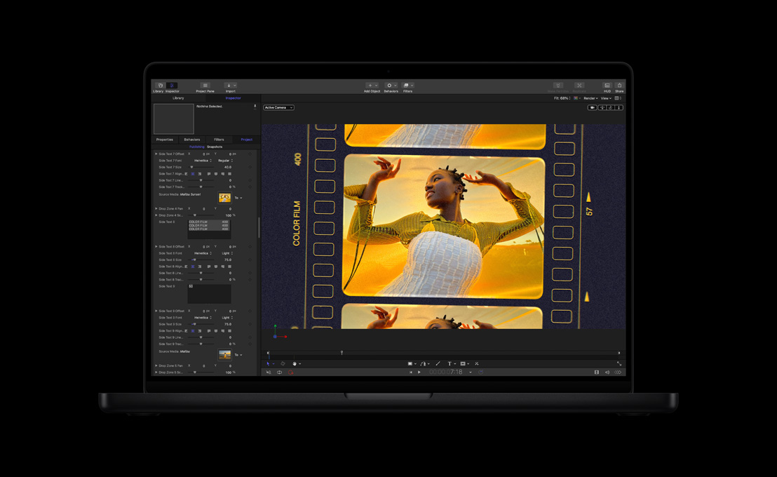 MacBook Pro de 16 polegadas, mulher dançando sobre um fundo amarelo e laranja