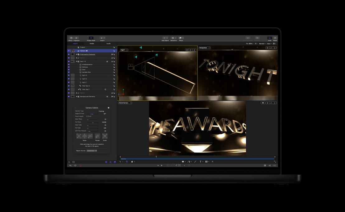 MacBook Pro de 16 polegadas, títulos em gráficos 3D curvos para cerimônia de premiação