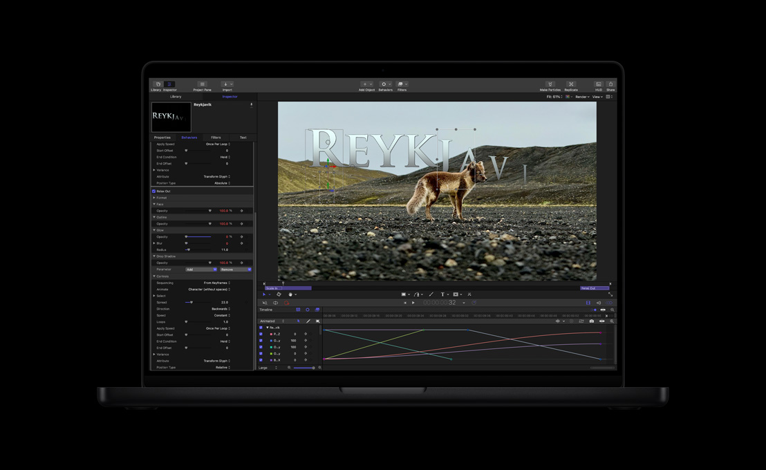MacBook Pro de 16 polegadas, lobo em uma paisagem árida, demonstração de animação de texto