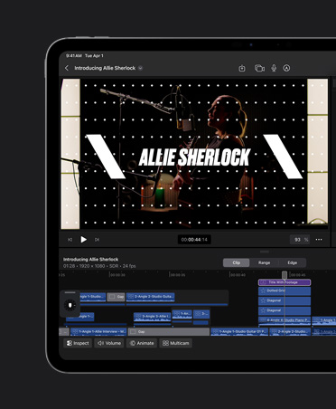 iPad Pro de 13 polegadas, edição de videoclipe com títulos sobrepostos à imagem, ferramentas para escolher fontes, cores e layout, o título é Allie Sherlock