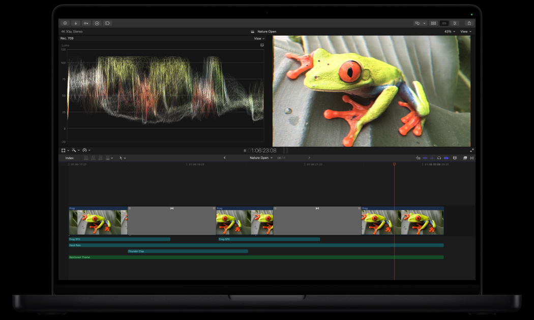MacBook Pro de 16 polegadas, espaço de trabalho do Final Cut Pro, imagem de um sapo verde com cores vivas em uma folha