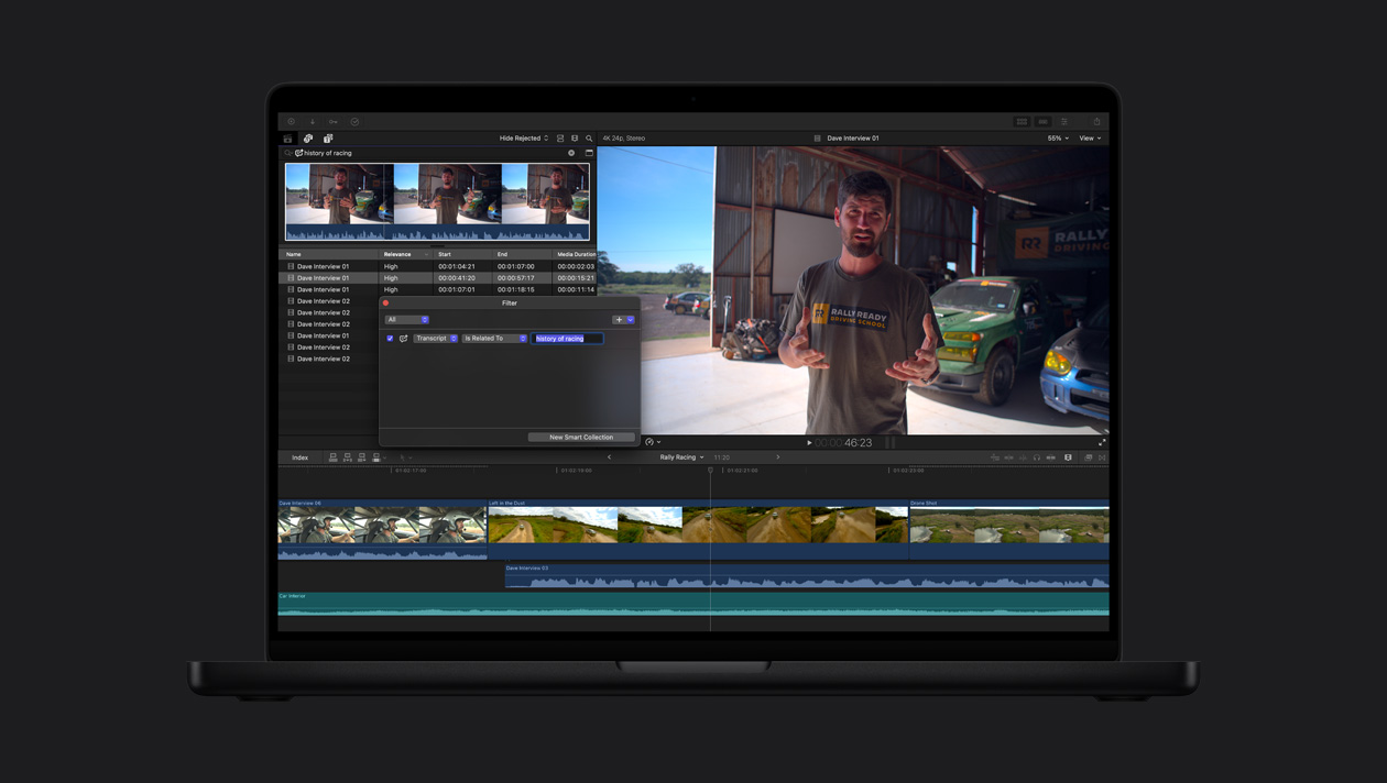 Tela do MacBook Pro de 16 polegadas, demonstração da Busca na Transcrição encontrando clipes de áudio que mencionam a história das corridas