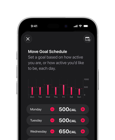 iPhone 16 Pro, Black Titanium colour, detailed daily Move goal schedule