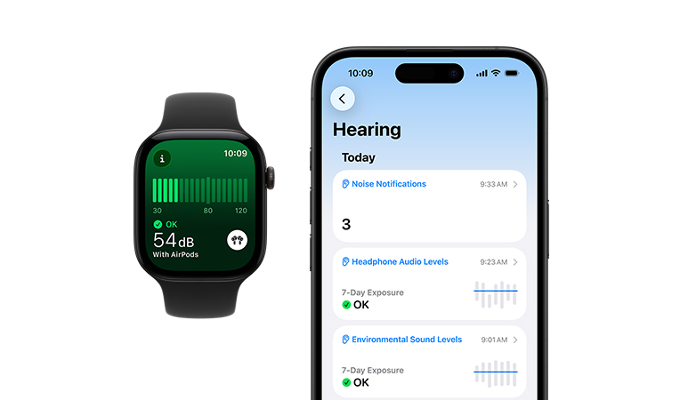 Apple Watch Series 11, aluminium case, silver colour, Noise app, neon yellow Sport Band, detailed Hearing daily summary open on paired iPhone