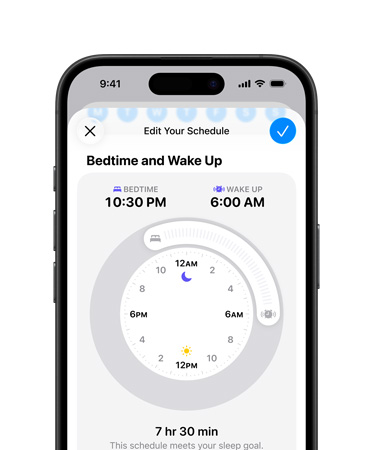 iPhone, Health app open to sleep schedule, bedtime set to 22:30, wake up set to 06:00, radial time dial in centre screen, 7 hr 30 min sleep goal met