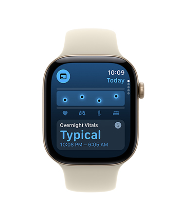 Apple Watch Series 11, aluminium case, rose gold colour, Vitals app, chart scoring health, overnight vitals typical notification, right side exterior: Digital Crown, light blush Sport Band
