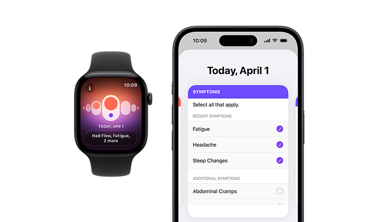 Apple Watch Series 12, aluminum case, black color, Sport Band, black color, screen shows Cycle Tracking paired with Health app on iPhone
