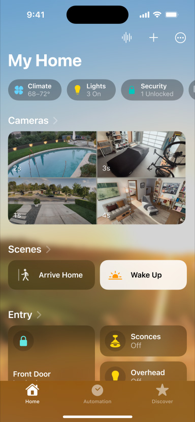 Evimi, kameraları, ortamları ve girişi görüntüleyen bir iPhone.