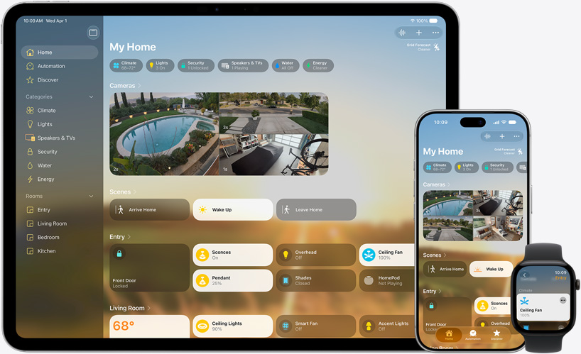 Home app displayed across iPad, iPhone, and Apple Watch, each showing My Home dashboard with cameras, climate, scenes, and device controls.