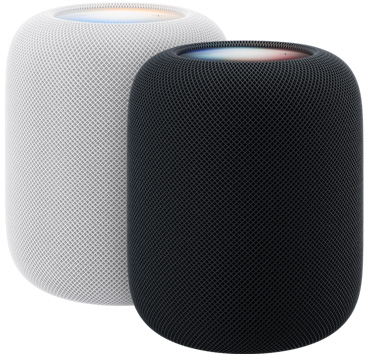 Due HomePod nei colori bianco e mezzanotte, ciascuno con display illuminato nella parte superiore