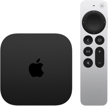 Apple TV 4K, black colour, top exterior, shown with Siri Remote, silver colour
