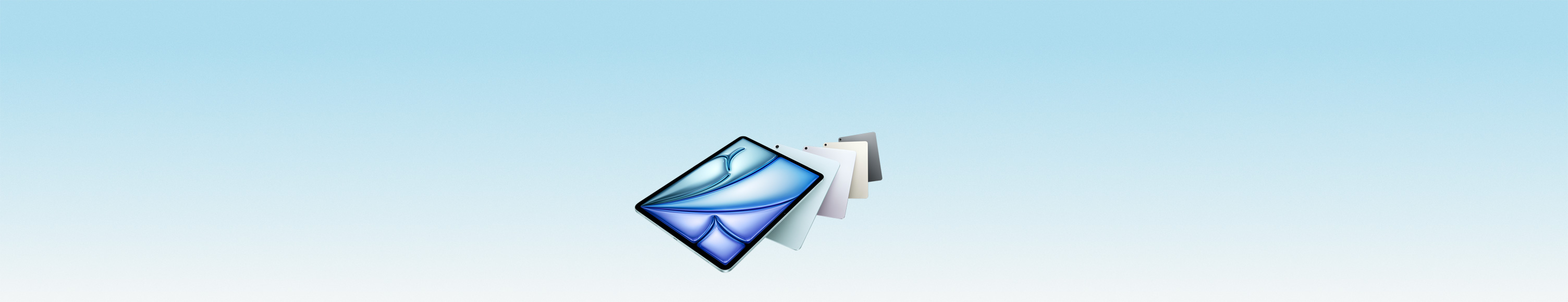 iPad Air models floating, back exterior, single-lens camera, front exterior, rounded corners, black display bezel