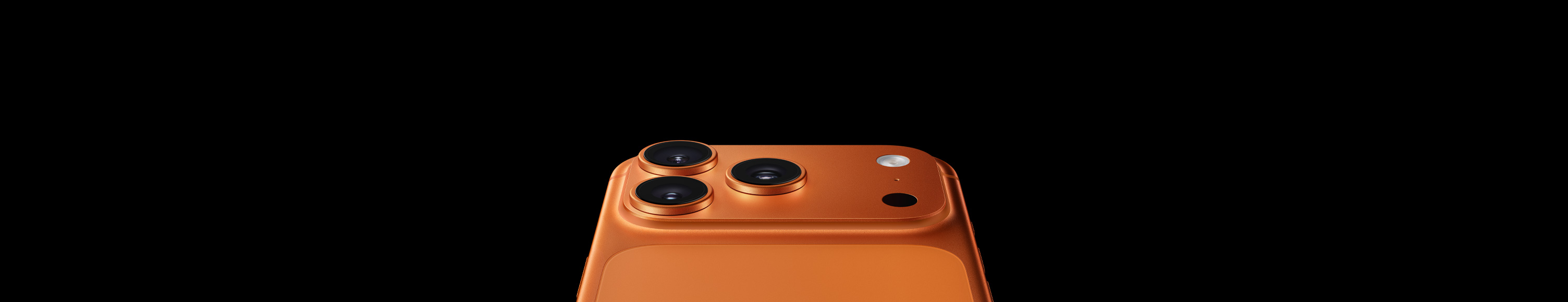iPhone 17 Pro in cosmic orange finish, Pro Fusion camera system, 3 lenses, microphone, flash