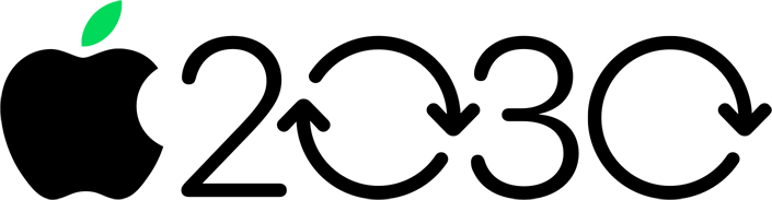 Apple 2030, Apple with green leaf, zeros in 2030 replaced with circular arrows representing solar, recycling, materials, packaging and shipping, and wind