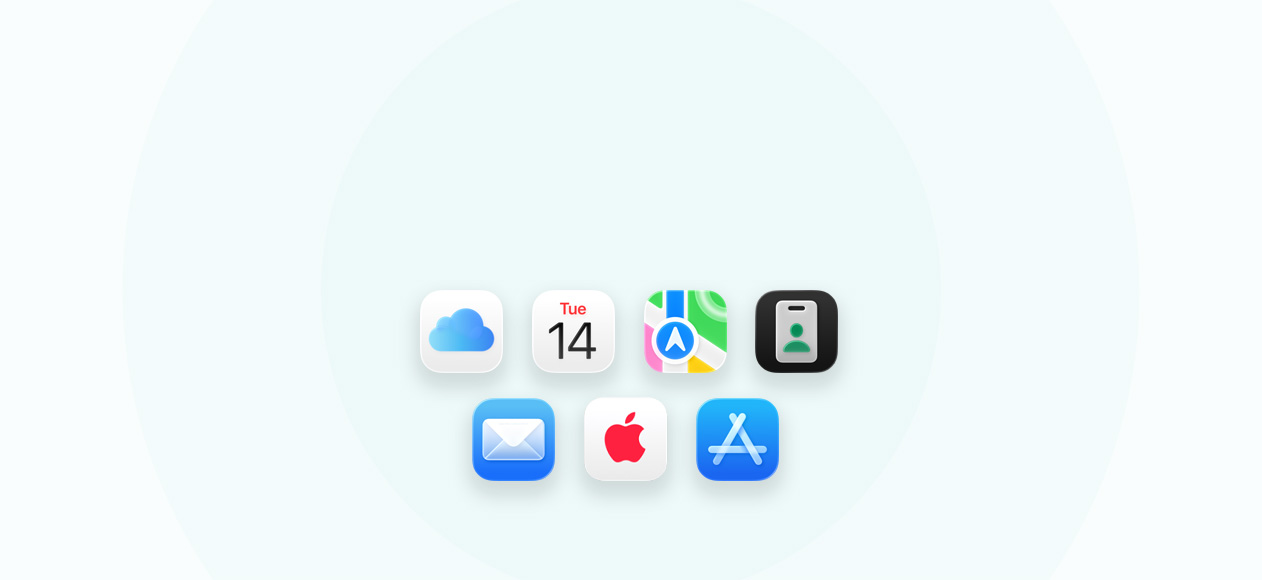 A lineup of business-related apps and tools including iCloud, Calendar, Maps, Apple Business, Mail, Apple Care, and App Store.