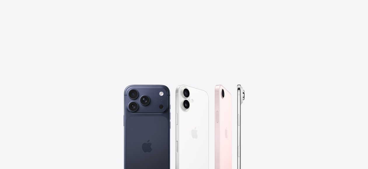 iPhone 17 Pro, back exterior, deep blue color, Pro Fusion camera system, Apple logo in center, iPhone 17, back exterior, white color, Dual Fusion camera system, Apple logo in center, iPhone 17e, back exterior, soft pink color, Fusion camera system, Apple logo in center, iPhone Air, side exterior, cloud white color, thin titanium profile, Fusion camera system