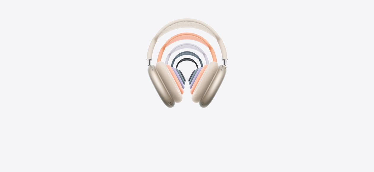 Vista frontal dos auscultadores AirPods Max 2, apresentados em várias cores, com arco em malha e almofadas em espuma, Digital Crown e botão de Modo de escuta.