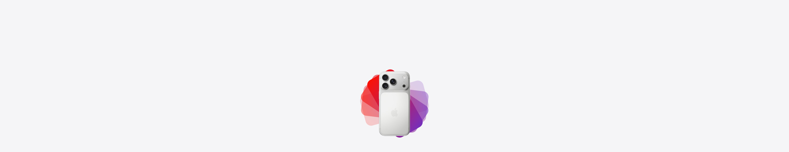 iPhone 17 Pro, back exterior, iPhone silhouette fans out from behind into spectrum of purple and red colors