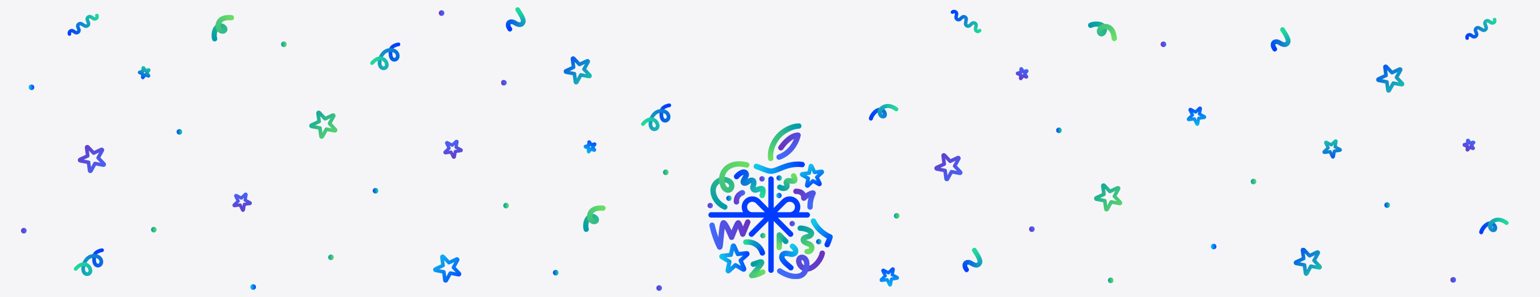 Dot, squiggle, spiral, and star shapes in different hues of blue, green, and purple burst and spread across from behind Apple logo, wrapped in a blue color bow, made up of dots, squiggles, spirals, and star shapes in different hues of blue, green, and purple