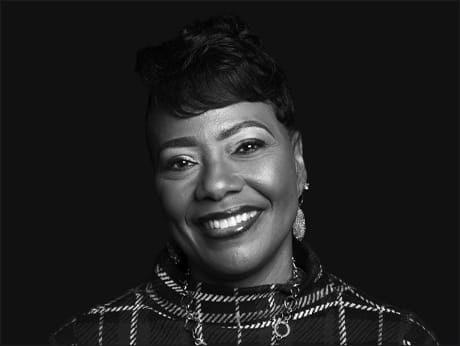Black and white image of Bernice King smiling.