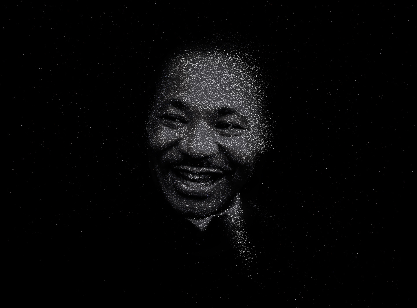 Martin Luther King Jr., smiling, depicted with stars in a black night sky.