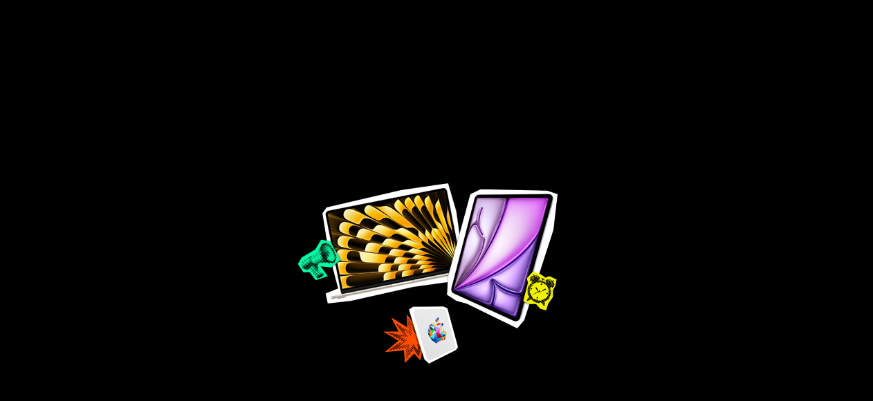 MacBook, auf dem Display wird ein golden-schwarzes Fächerdesign angezeigt, grüner Sticker mit Megaphon Emoji, iPad in Violett, Apple Gift Card, rechteckig, mit einem farbigen Apple Logo in der Mitte, gelber Sticker mit Wecker Emoji
