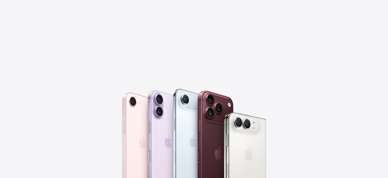 iPhone models: iPhone 17e, soft pink color, iPhone 17, lavender color, iPhone Air, sky blue color, iPhone 18 Pro, burgundy color (dark red), iPhone Duo, folded, star white color