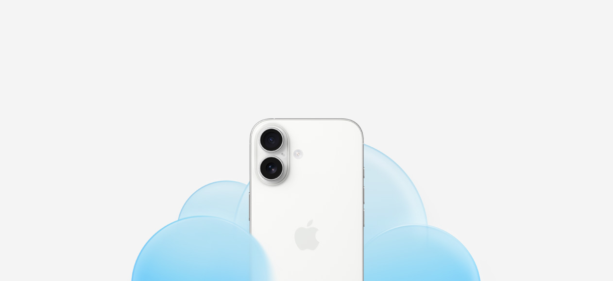 iPhone 17, back exterior, white color, Dual Fusion camera, set against a light blue cloud