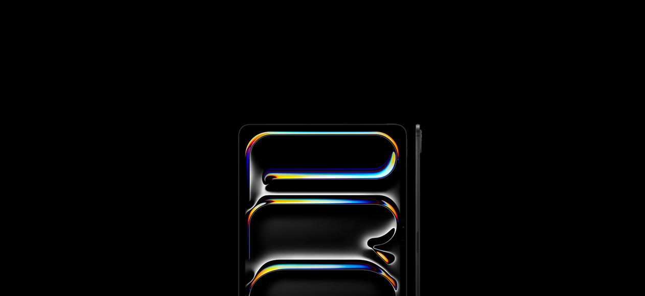 Dos iPad Pro, parte frontal, en posición vertical, marco de la pantalla negro, la pantalla muestra un arte lineal curvo multicolor, parte lateral, perfil delgado, botones de volumen, sistema de cámaras Pro en relieve