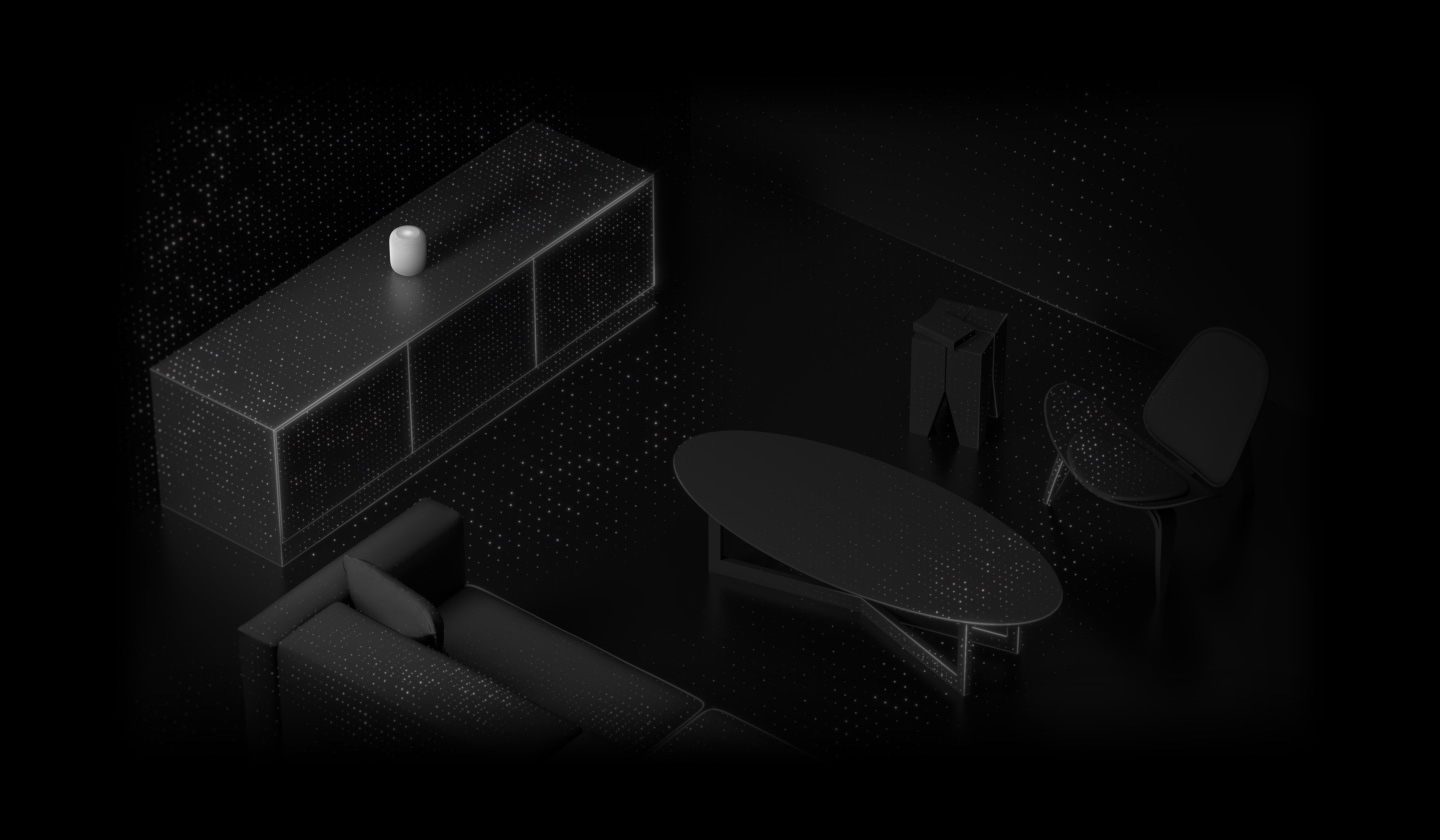 A visualisation of room sensing. HomePod is placed in a room on the top of a console. Light particles emanate from HomePod, rippling out and illuminating the other objects in the room — the sofa, coffee table, side table and chair, animation