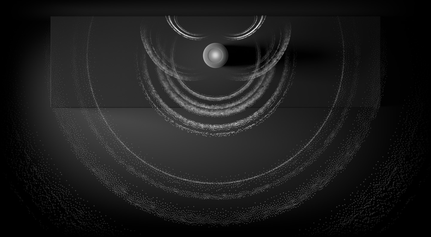 Visualisation de l’Audio spatial, vue aérienne d’un HomePod projetant des anneaux de particules sonores. Animation.