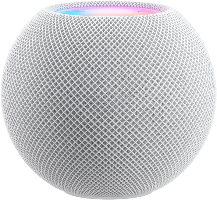 White HomePod mini with colorful pixels in motion above it spelling the word “mini.”