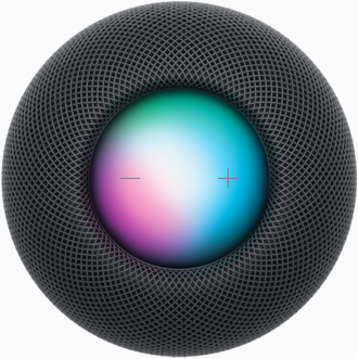 Space Gray HomePod mini from a top view with plus and minus volume controls and a colorful display under them.