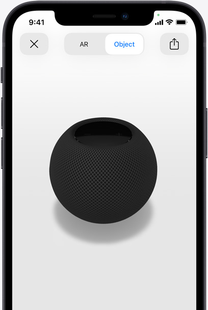 Space Gray HomePod na obrazovce iPhone v zobrazení AR.