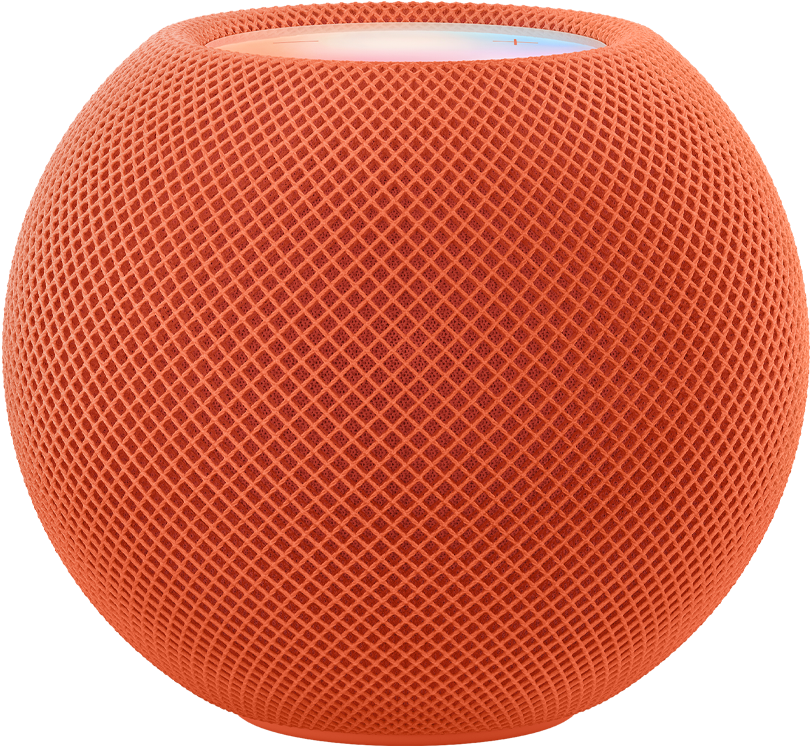 Un HomePod mini arancione con sopra dei puntini colorati che si muovono e formano la parola “mini”.