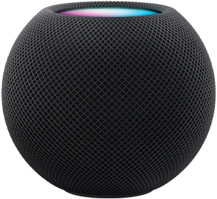 Space Gray HomePod mini with colorful pixels in motion above it spelling the word “mini.”