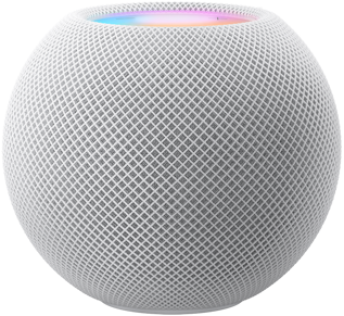 White HomePod mini with colourful pixels in motion above it spelling the word “mini”.