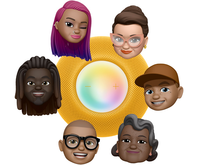 6 verschiedene Memoji Gesichter umkreisen einen HomePod mini in Gelb, der von oben zu sehen ist. 3 Memojis sagen „Hey Siri“ in blauen Sprechblasen.