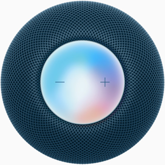 ブルーのHomePod miniを上から見た図。プラスとマイナスの音量調節ボタンと、その下にカラフルなディスプレイが見えている。