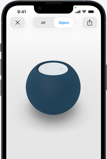 Blauwe HomePod in de AR-weergave op het scherm van een iPhone.