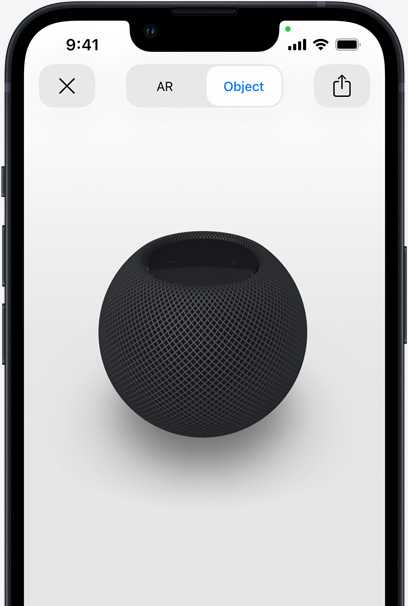 iPhone 螢幕上顯示太空灰 HomePod 的 AR 畫面。