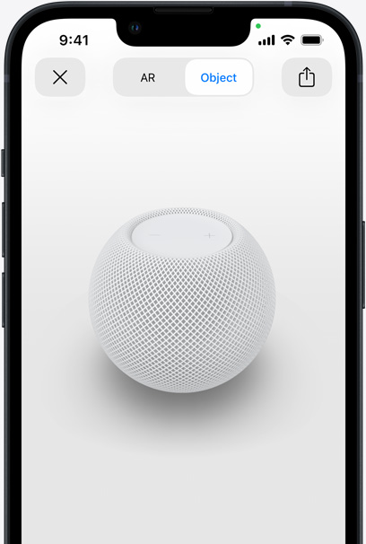 iPhone 螢幕上顯示白色 HomePod 的 AR 畫面。