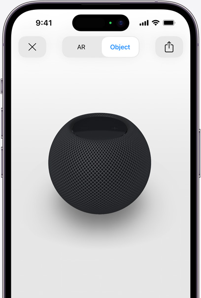 HomePod gris sidéral en réalité augmentée sur l’écran d’un iPhone.