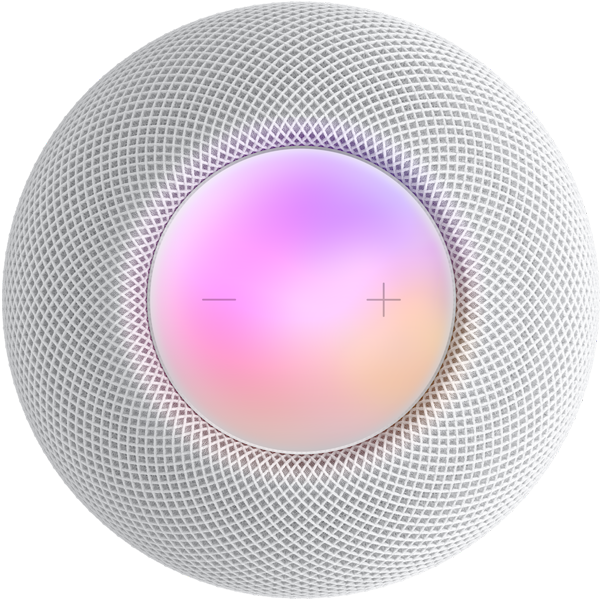 Vista desde arriba de un HomePod mini blanco con los símbolos más y menos para regular el volumen sobre una pantalla multicolor.