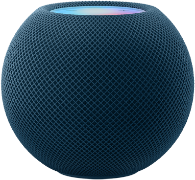 Blue HomePod mini with colourful pixels in motion above it spelling the word “mini.”
