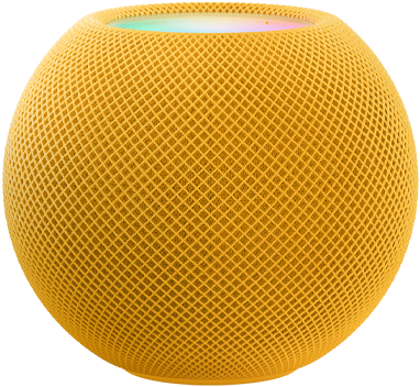 Yellow HomePod mini with colourful pixels in motion above it spelling the word “mini”.