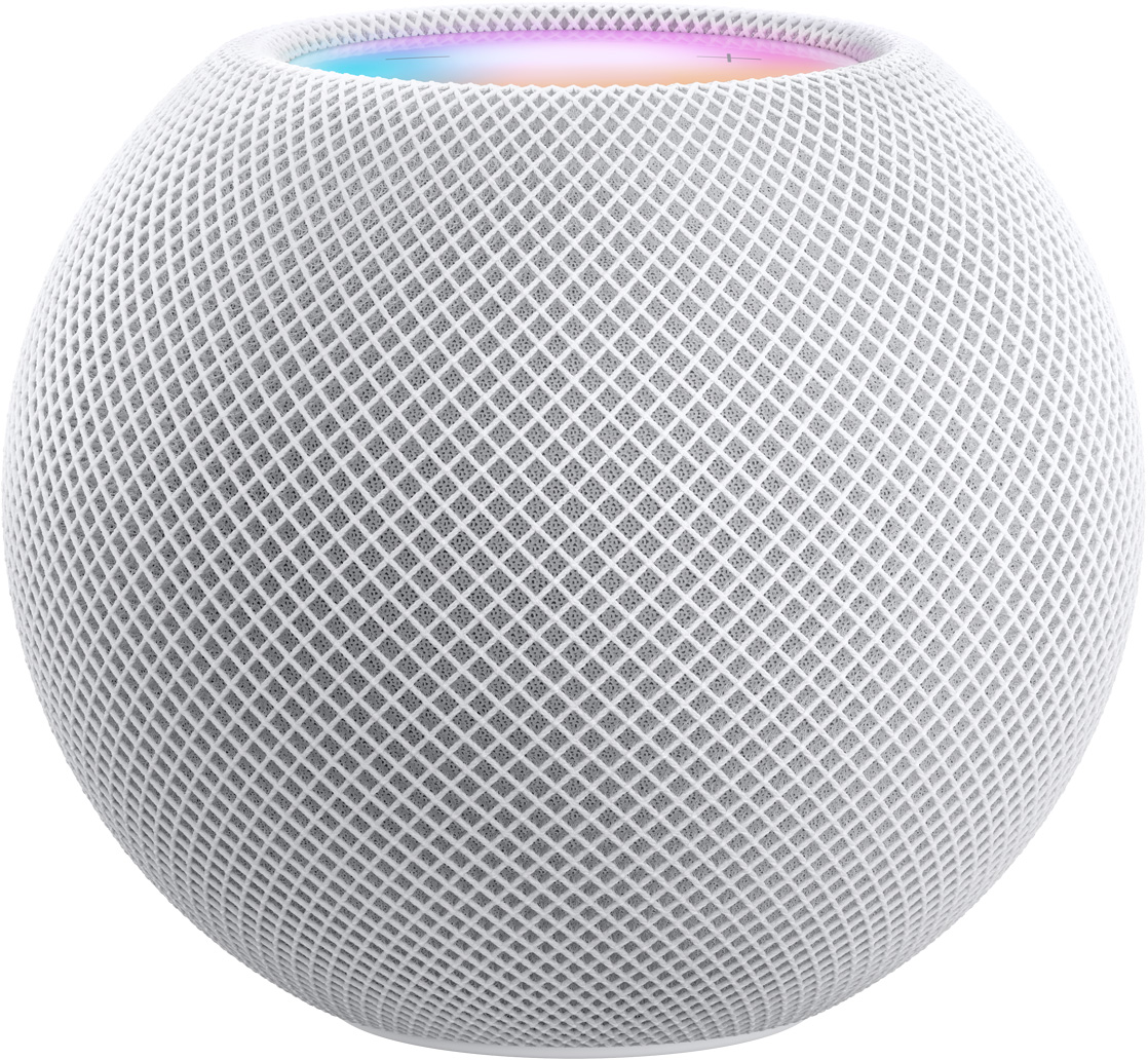 White HomePod mini with colorful top cap just visible over the edge.