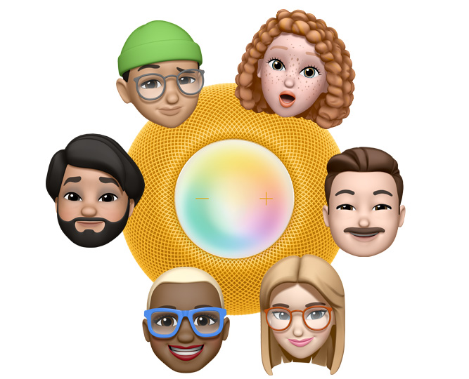 6 different Memoji faces encircle a top view of a yellow HomePod mini. 3 characters say “Hey Siri” in blue speech bubbles.