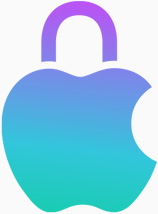 プライバシーが守られることを表す、鍵が付いたAppleのロゴのカラフルなグラフィックス。